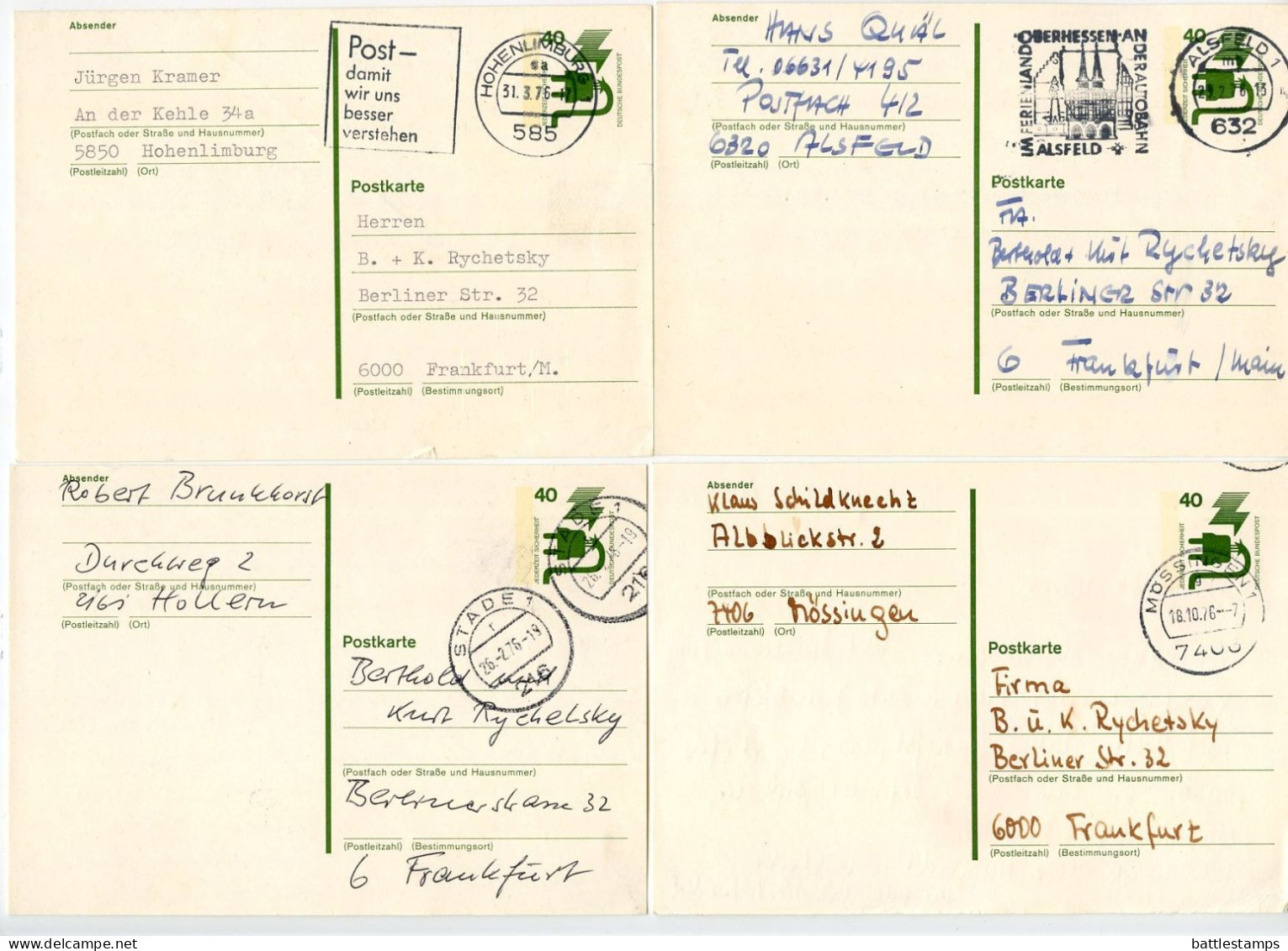 Germany, West 1976 8 Used 40pf. Electrical Safety Postal Cards; Mix Of Postmarks & Slogan Cancels - Postkarten - Gebraucht