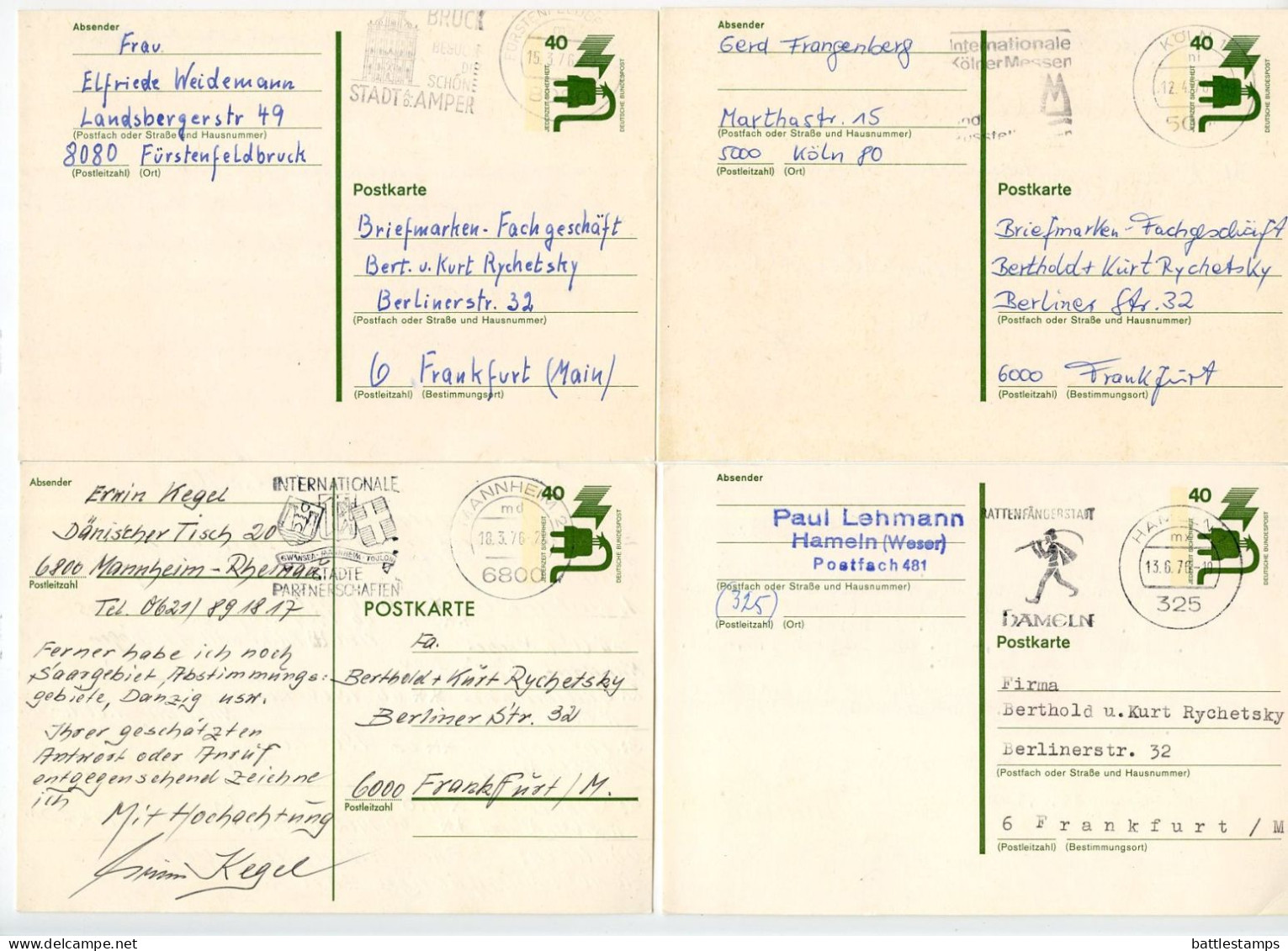 Germany, West 1976 8 Used 40pf. Electrical Safety Postal Cards; Mix Of Postmarks & Slogan Cancels - Postales - Usados