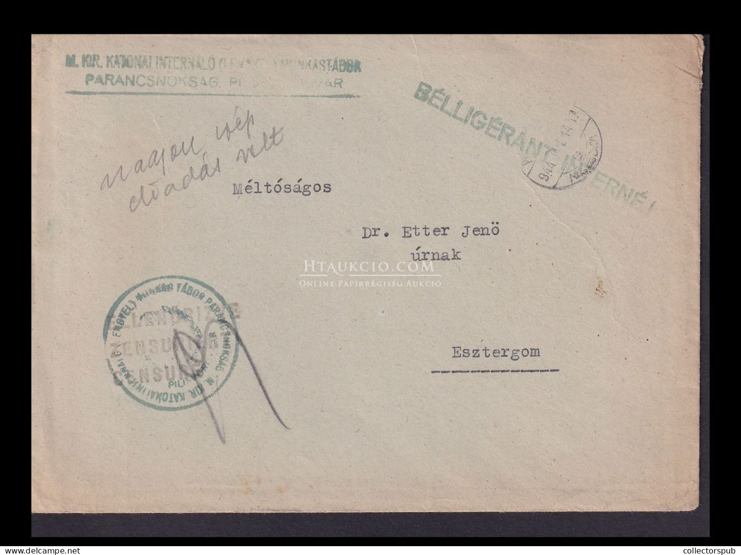 PILISVÖRÖSVÁR 1944. Lengyel Tábor, Cenzúrázott Levél, Tartalommal Esztergomba - Covers & Documents