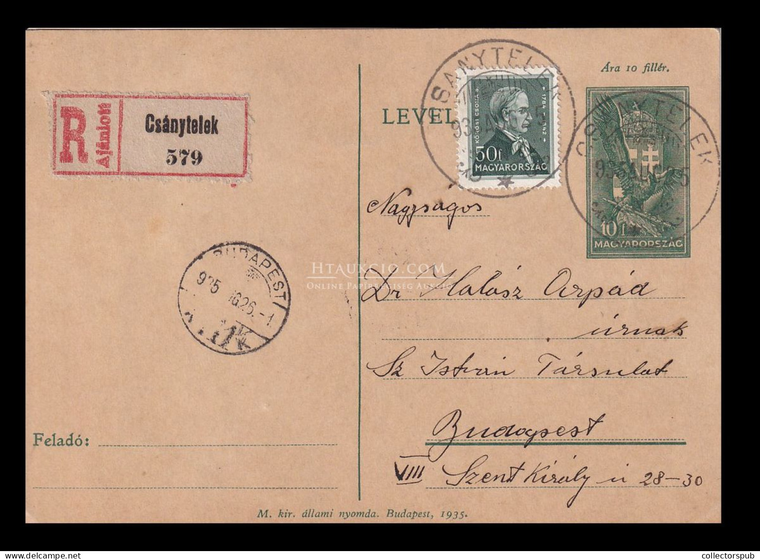 CSÁNYTELEK 1935. Ajánlott Kiegészített Díjjegyes Levlap Budapestre - Covers & Documents