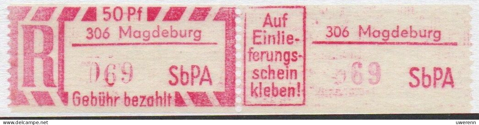 DDR Einschreibemarke Magdeburg SbPA Postfrisch, EM2B-306II(1) PU- RU(a) Zh - R-Zettel