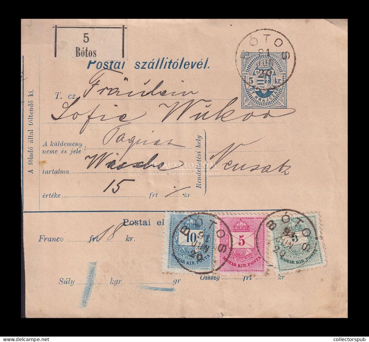 BÓTOS 1891. Szép Háromszínű Krajcáros Csomagszállító Újvidékre - Cartas & Documentos