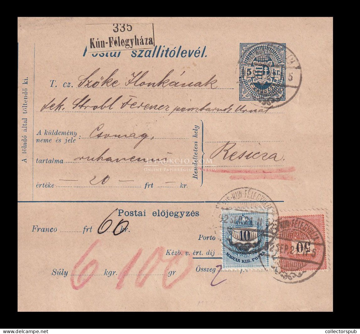 KISKUNFÉLEGYHÁZA 1892. Szép Krajcáros Csomagszállító 50Kr+10Kr Resicára - Cartas & Documentos