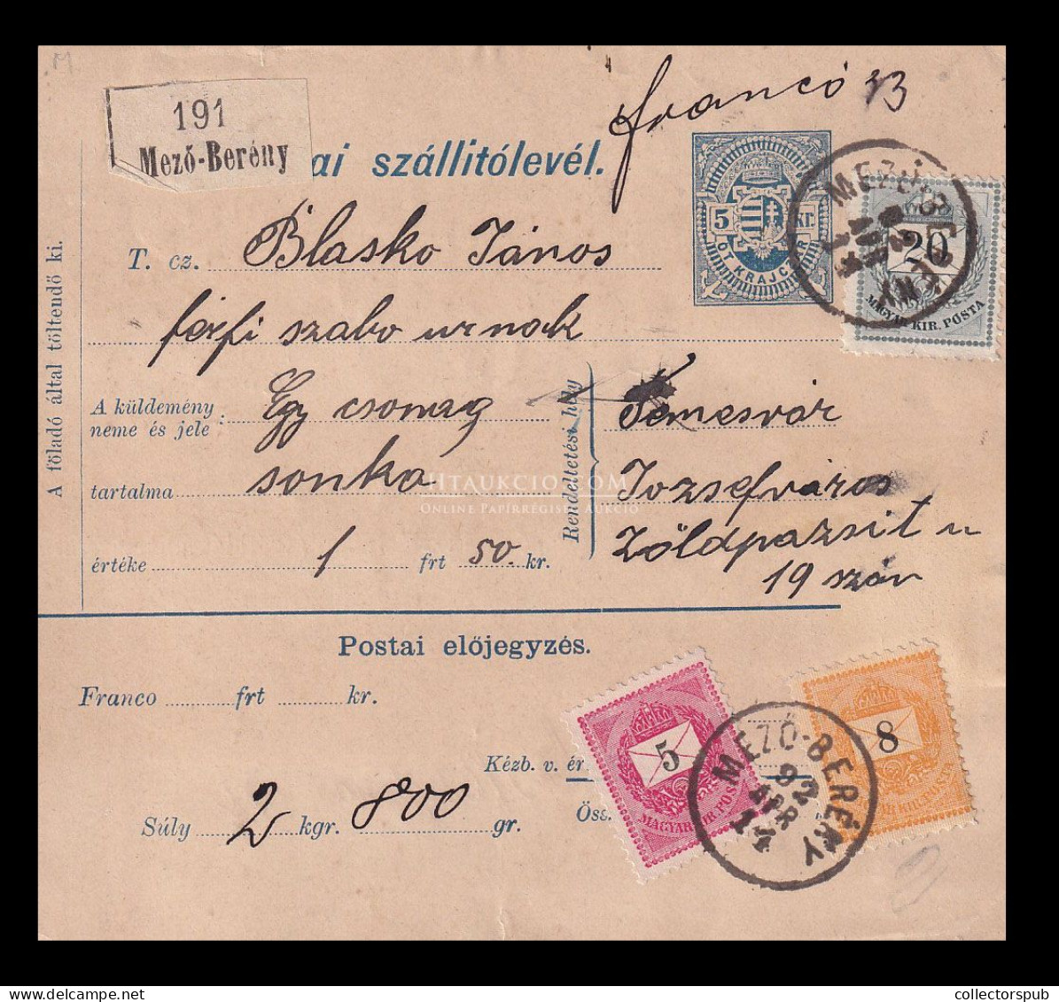MEZŐBERÉNY 1892. Szép Krajcáros, Három Színű Csomagszállító Temesvárra - Cartas & Documentos