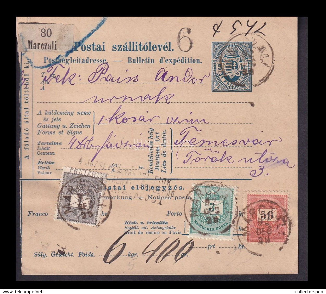 MARCALI 1892.  Szép Krajcáros, Három Színű Csomagszállító Temesvárra - Cartas & Documentos