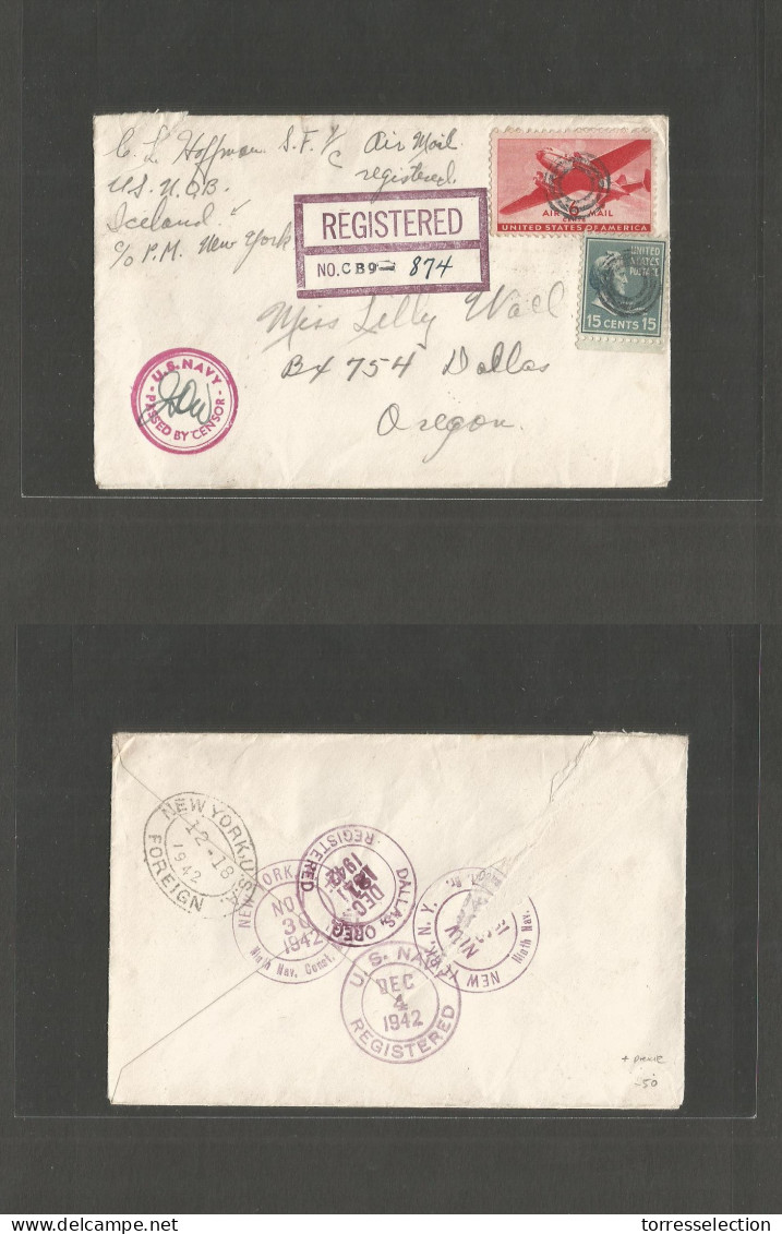 ICELAND. 1942 (30 Nov) US Troops In Iceland. WWII. Registered Mail Envelope Air Fkd + Prexy To Dallas, Oregon (Dec 21) C - Sonstige & Ohne Zuordnung