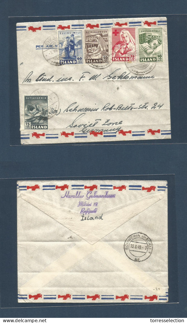 ICELAND. 1949 (7 Aug) Reikjavik - Germany, Soviet Zone (13 Aug) Schwerin. Air Multifkd Envelope. - Sonstige & Ohne Zuordnung