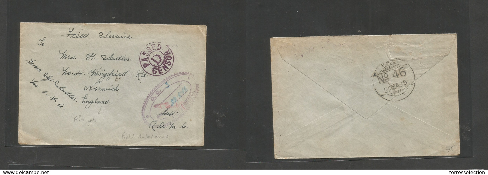 IRAQ. 1916 (22 May) WWI. FPO Nº 46. Field Service Envelope Ciruclated To Norwich, England. Censor Cachet + Oval "Field A - Iraq