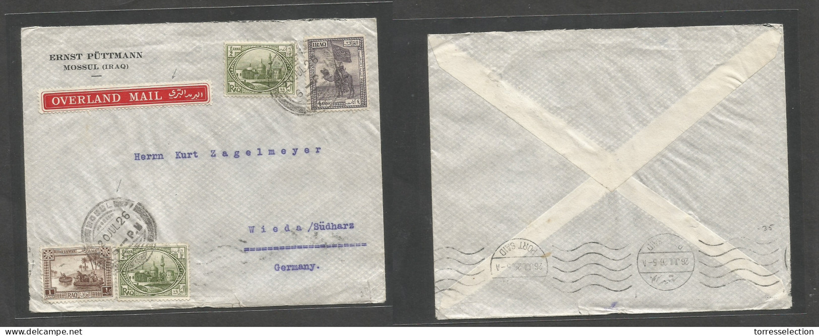 IRAQ. 1926 (20 July) Mosul - Germany, Wieda. Multifkd Env Via Port Said (26 July) With Red Label "OVERLAND MAIL" Tied Cd - Iraq
