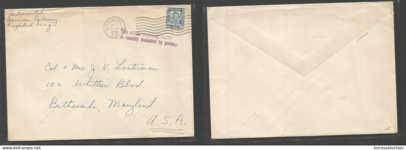 IRAQ. 1955. American Embbassy. Baghdad - USA, Bethesaida, Maryland. 5 Ms Ovptd Unsealed Transit Washington Cancelled (De - Irak