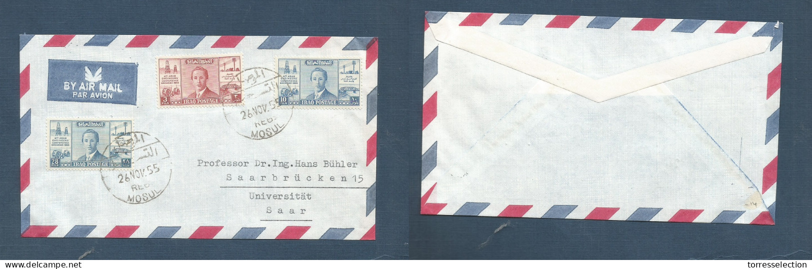 IRAQ. 1955 (26 Nov) Mosul - Sarre, Saarbrucken Regist Air Multifkd Env. Bilingual Cachet At 41 Fils Rate. Oil Conference - Irak