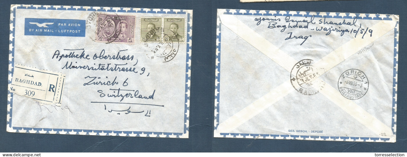 IRAQ. 1955 (3 July) Baghdad - Switzerland, Zurich (6 July) Air Registered Multifkd Envelope At 90 Fils Rate. Fine. - Iraq