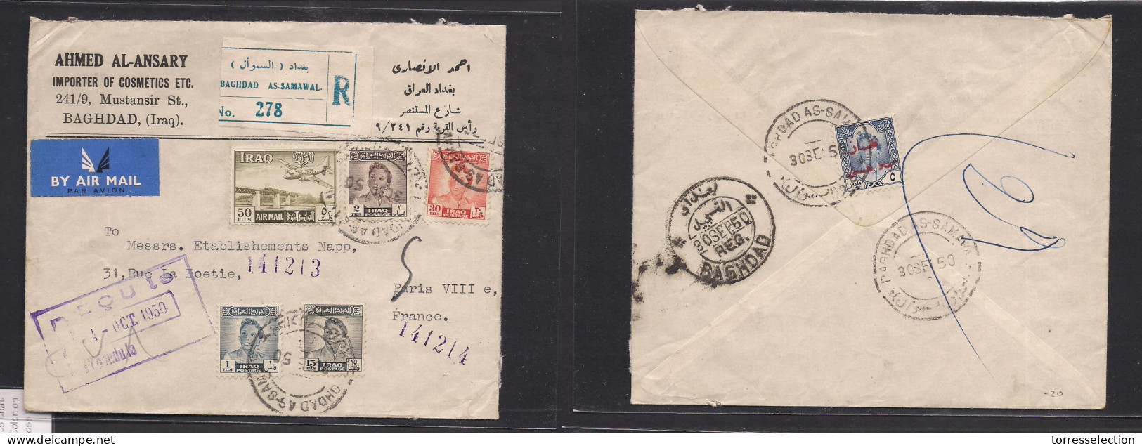 IRAQ. 1950 (3 Oct) Baghdad - France, Paris. Air Registered Multifkd Front + Reverse Envelope. - Iraq