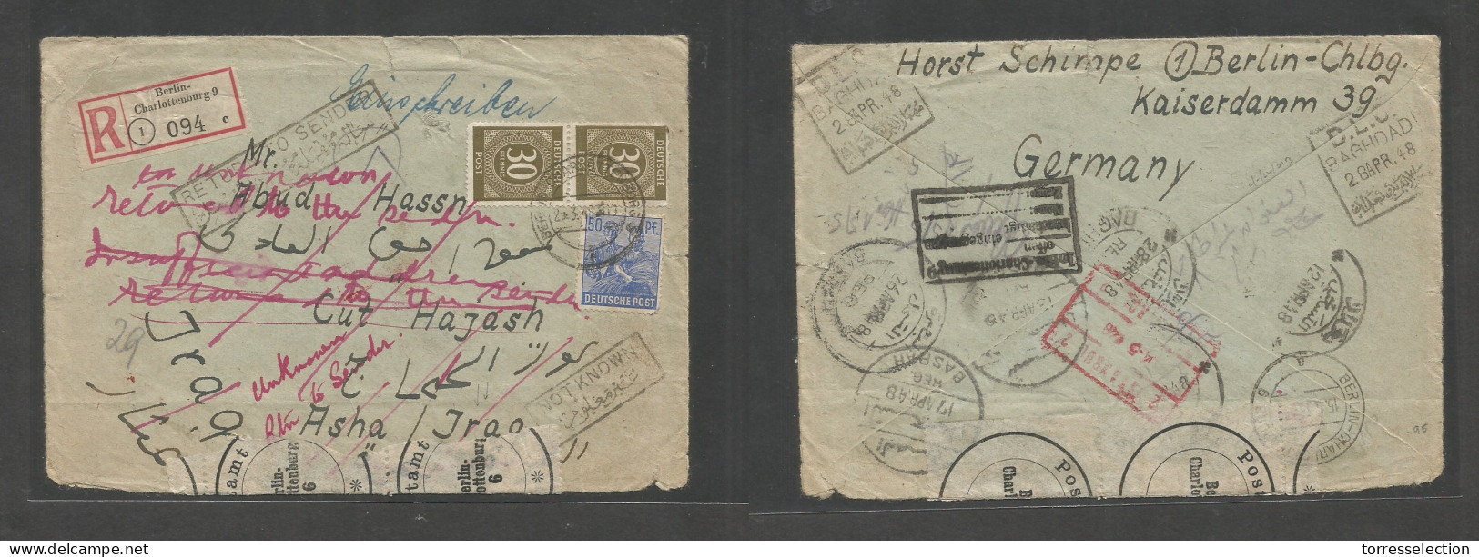 IRAQ. 1948 (24 March) Germany, Berlin - Asha, Iraq. Registered Multifkd Env + "RETOUR / NOT KNOWN" Diff Cachets From Thi - Iraq