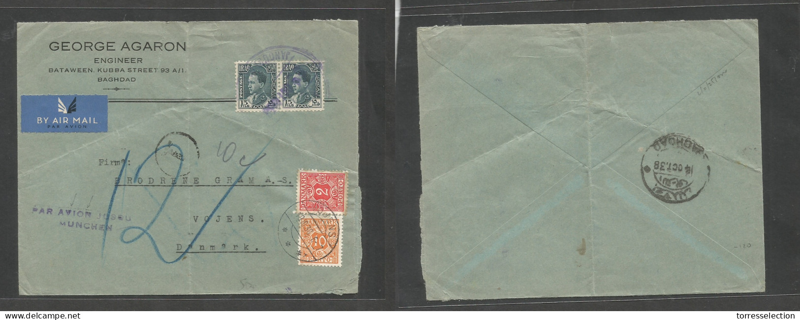 IRAQ. 1938 (Oct) Janoubi - Denmark, Vojens (19 Oct) Air Multifkd Comercial Envelope, Cachet "par Avion Msqu Munchen" (xx - Irak