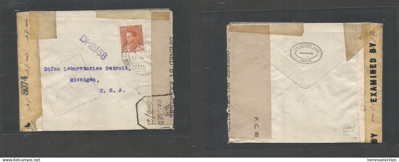 IRAQ. 1941 (17 Nov) Baghdad - USA, Michigan, Detroit. WWII Censored Env Via India + Depart Iraq Label + Arrival US Censo - Iraq