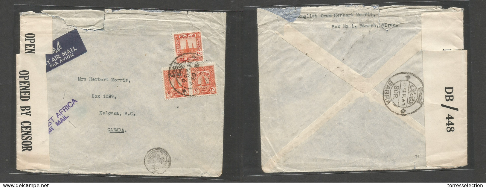 IRAQ. 1943 (9 Sept) Basrah - Canada, Kelowna, BC. Multifkd Air WWII Censored Envelope At 90 Fils Rate. Special Air Cache - Irak