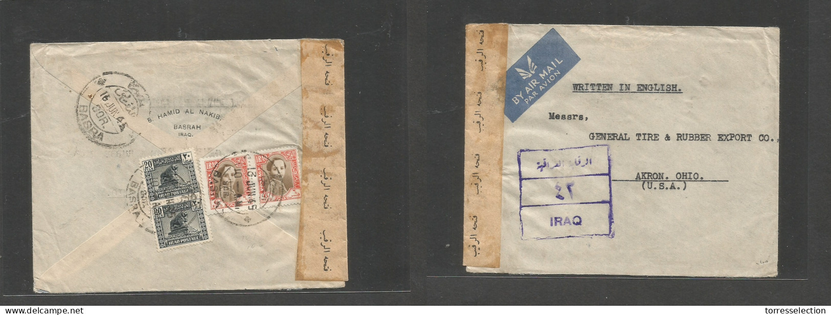 IRAQ. 1945 (13 June) Basra - USA, OH, Akron. Reverse Multifkd Env At 52 Fils Rate, Tied Cds, Depart Censor Label. Fine. - Iraq