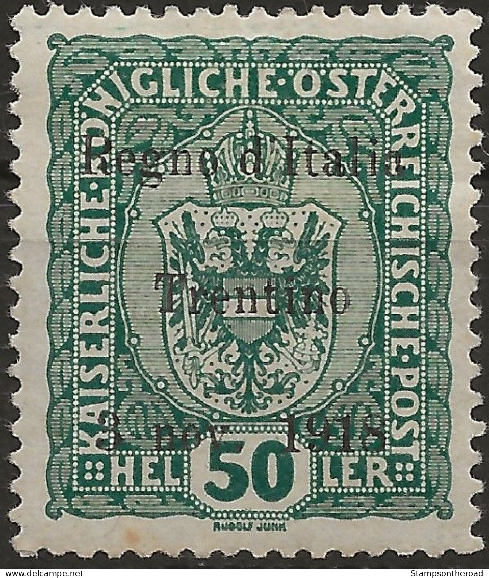 TRAA11L - 1918 Terre Redente - Trentino-Alto Adige, Sass. Nr. 11, Francobollo Nuovo Con Traccia Di Linguella */ FIRMATO - Trento