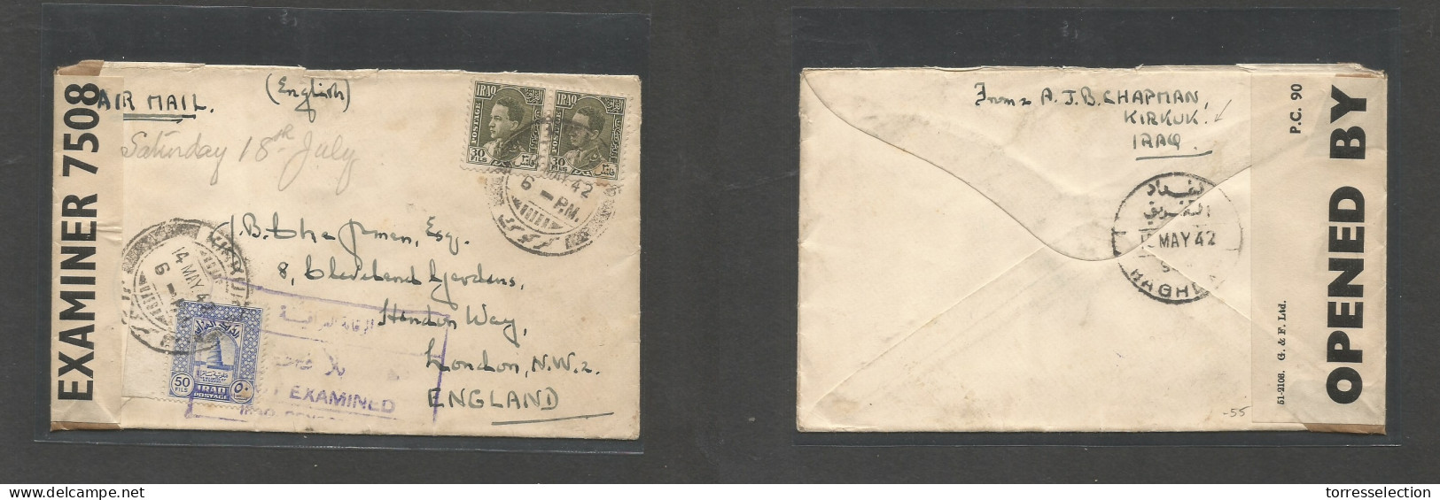 IRAQ. 1942 (14 May) Kirkuk - England, London WWII Multifkd Env At 110 Fils, Rate. Airmail Censored At Origin And Destina - Iraq