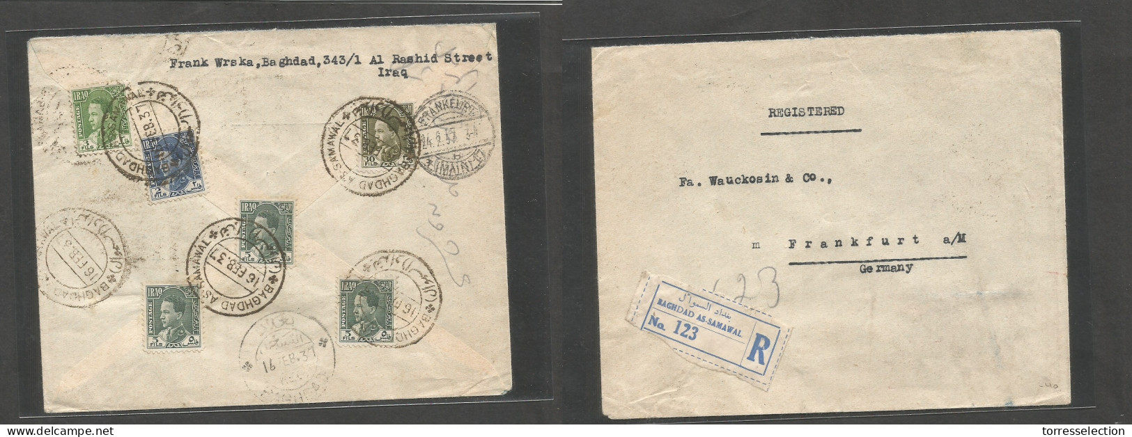 IRAQ. 1937 (16 Febr) Baghdad Assamawal - Germany, Frankfurt (24 Febr) Registered Reverse Multifkd Envelope, Nice Item. V - Iraq