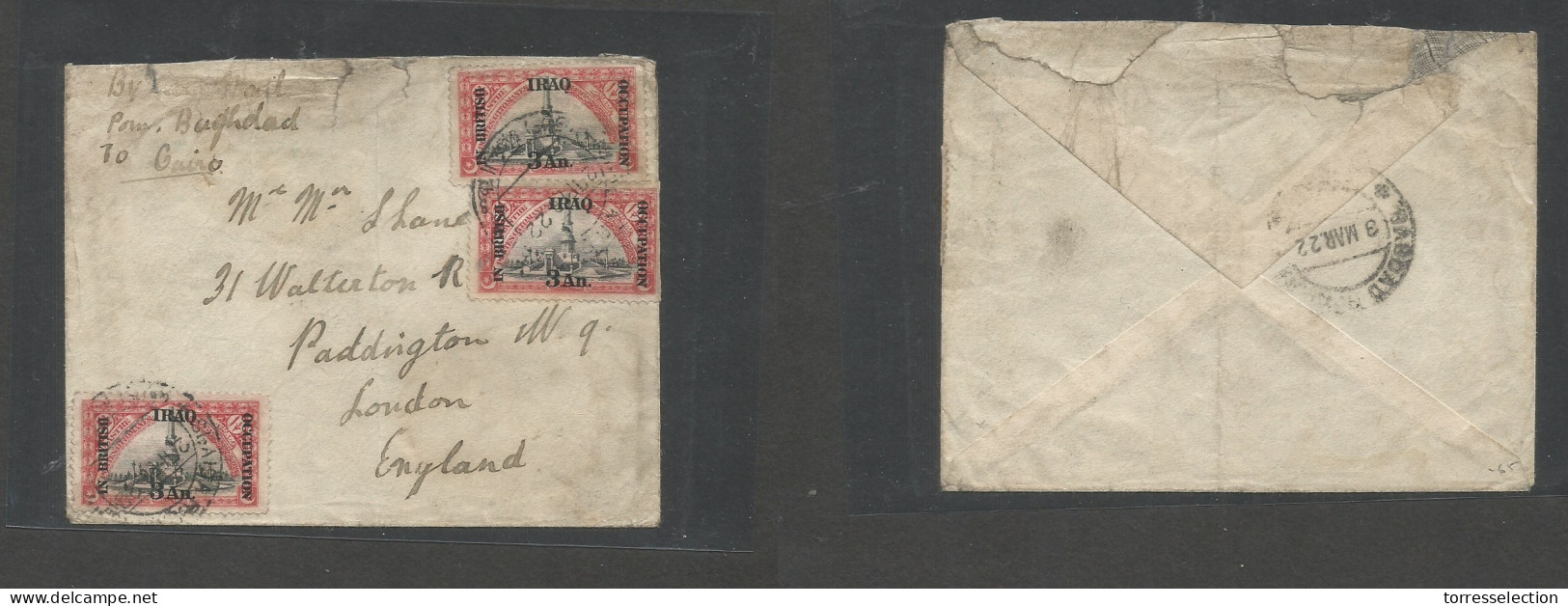 IRAQ. 1922 (27 Febr) British Occup Issue, Shaisar - England, London. Multifkd Envelope, Endorse "via Baghdad To Cairo" R - Iraq