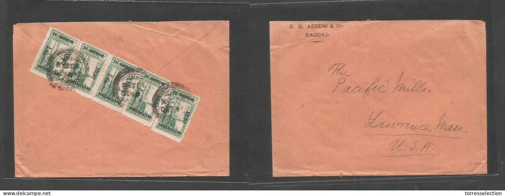 IRAQ. 1920 (24 Apr) British Occup Issue. Baghdad - USA, Lawrence, Mass. Reverse Multifkd Env Bearing 1/2 Anna Ovptd (sin - Iraq