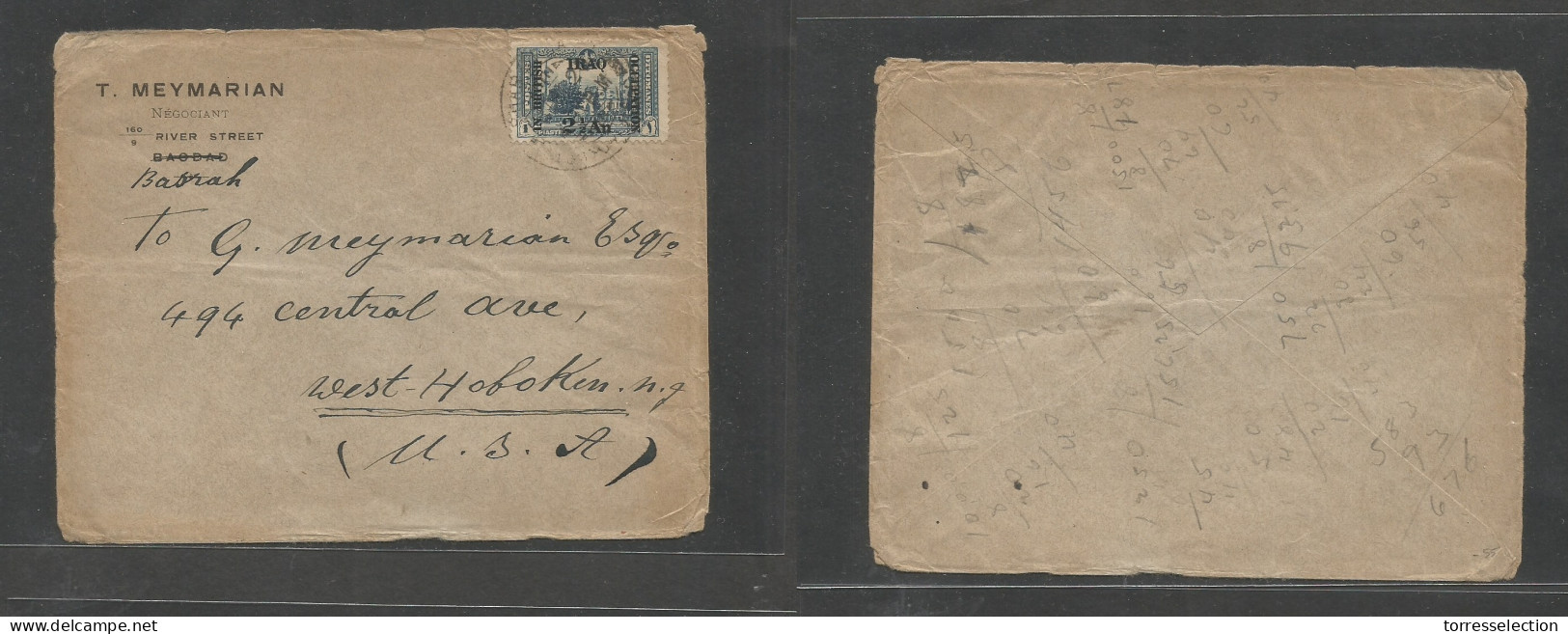 IRAQ. 1921 (June) Basrah - USA, West Hobeken, NJ. Comercial Single 2 1/2 Anna Blue Fkd Envelope, Tied Cds. - Iraq