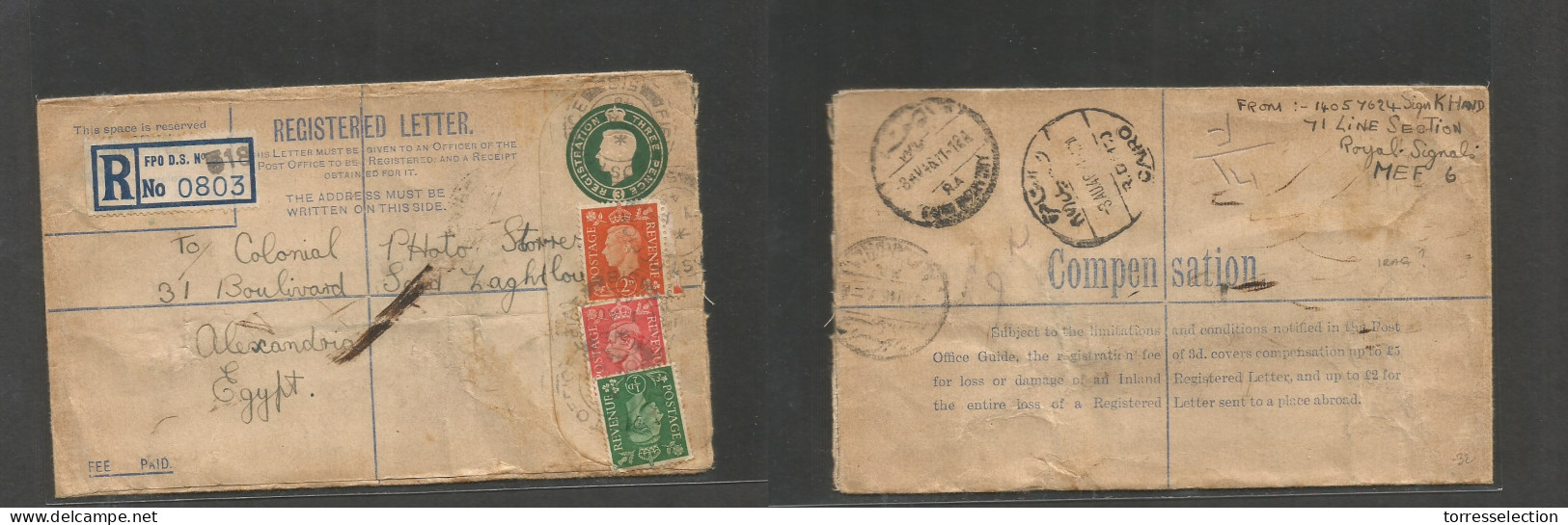 IRAQ. 1946 (1 Aug) FPO 518. Registered Multifkd 3d Blue Stat Env + 3 Adtls To Egypt, Alexandria (3 Aug) Tied Cds + Royal - Iraq