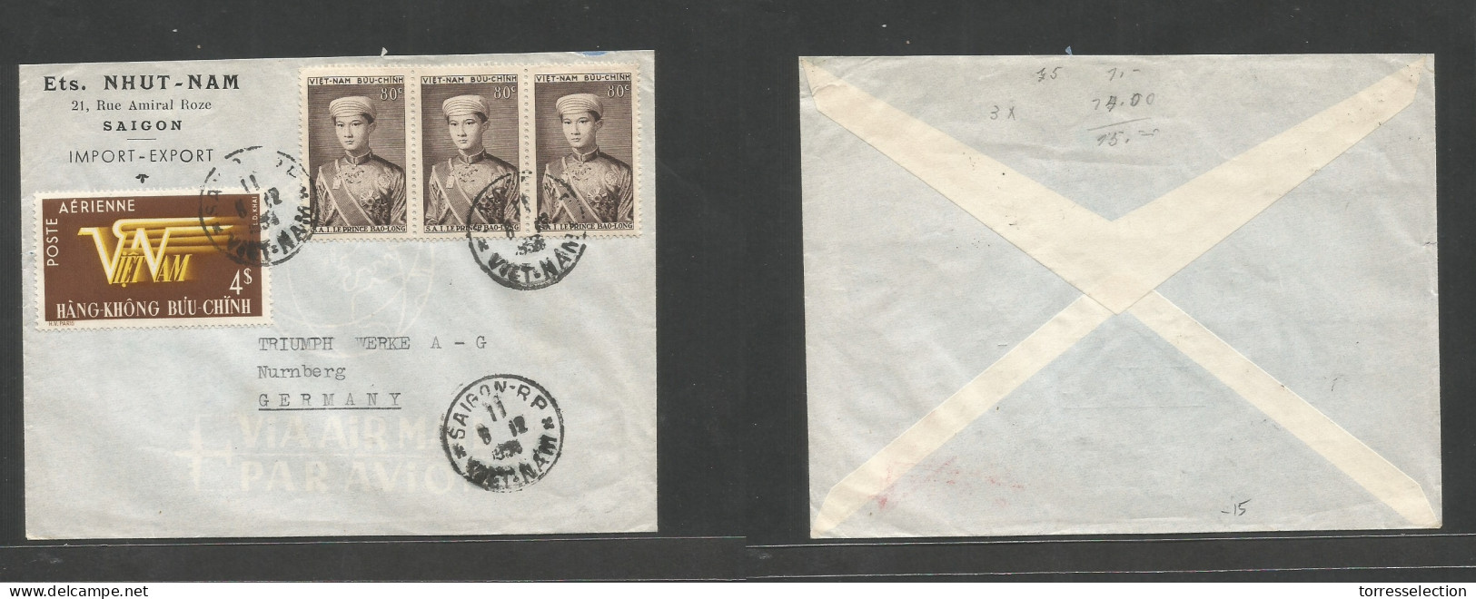 INDOCHINA. 1957 (6 Dec) Vietnam, Saigon - Germany, Nuremberg. Air Multifkd Env, Mixed Issues, Tied Cds. - Altri - Asia