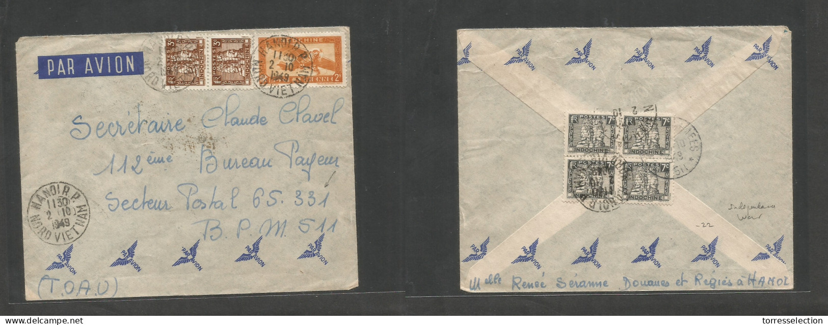 INDOCHINA. 1949 (2 Oct) Hanoi - BPM 511. Air Multifkd Front And Reverse Env. Military French Mail, Independence War. - Altri - Asia