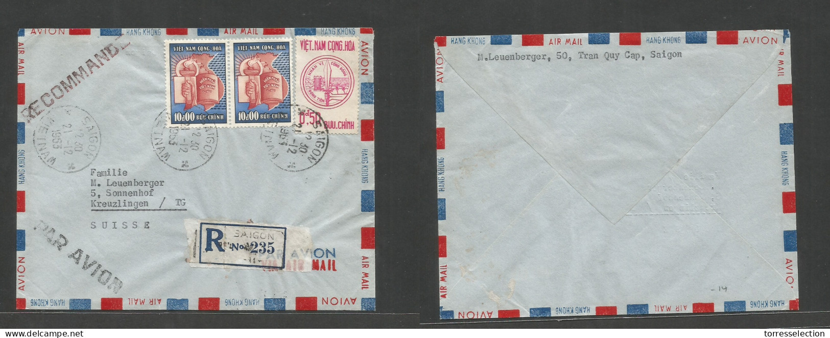 INDOCHINA. 1963 (21 Dec) Vietnam, Saigon - Switzerland, Krenzlingen. Registered Air Multifkd Env. - Altri - Asia