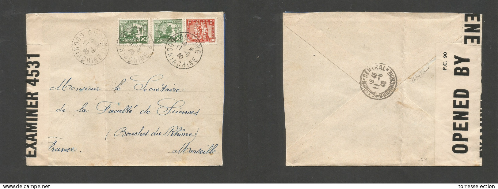 INDOCHINA. 1940 (11 June) Gocong - France, Marseille. Multifkd WWII Envelope. Small Village Origin. - Altri - Asia