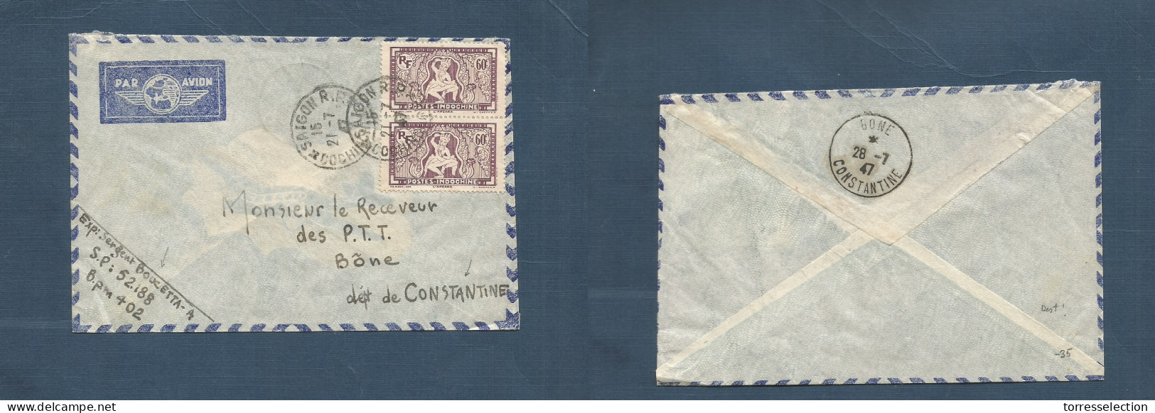 INDOCHINA. 1947 (21 July) Saigon - Algeria, Bone. Air Multifkd Military Mail Envelope (28 July) Better Destination. - Altri - Asia