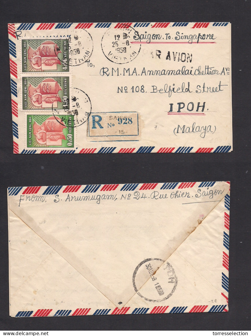 INDOCHINA. 1958 (25 Aug) Vietnam. Saigon - Ipoh, Malaysia (30 Aug) Registered Multifkd Env. - Altri - Asia