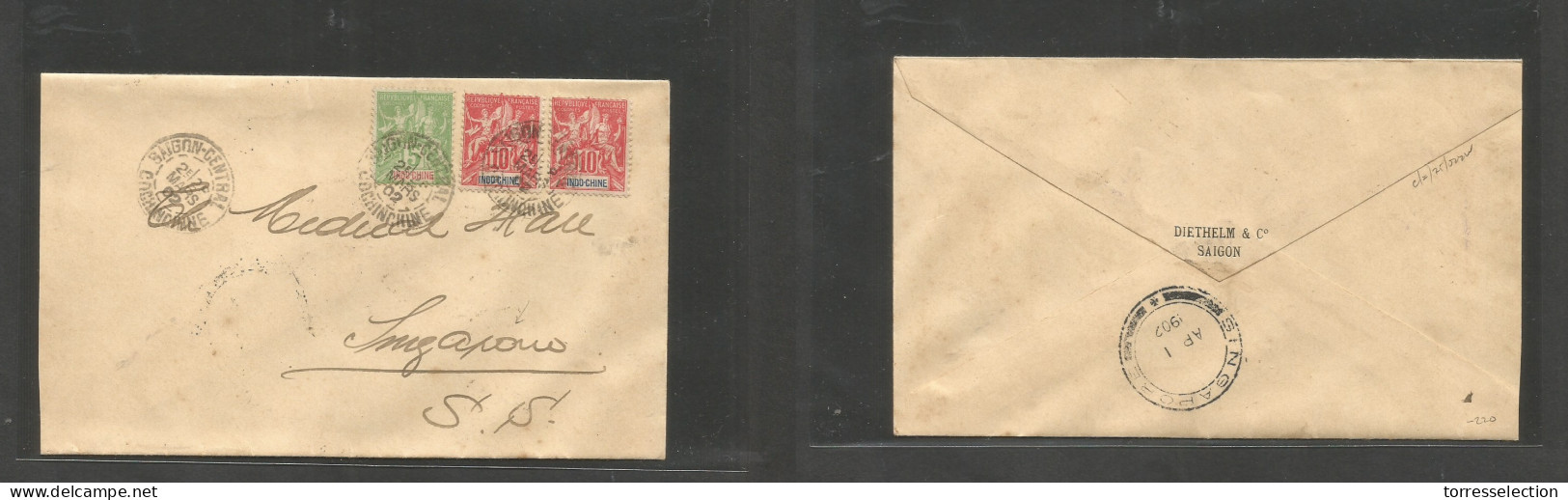 INDOCHINA. 1902 (28 March) Saigon - Singapore (1 Apr) Multifkd Sage Issue Envelope, Tied Cds + Arrival Cachet. VF Usage  - Altri - Asia