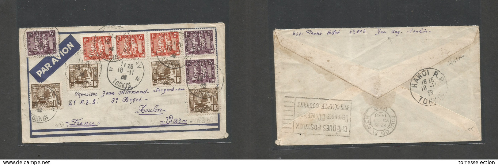 INDOCHINA. 1954 (18 Nov) Yen Bay, Tonkin - Toulon, France (25 Nov) Via Hanoi. Air Multifkd Env. Nice Item + Origin. - Altri - Asia