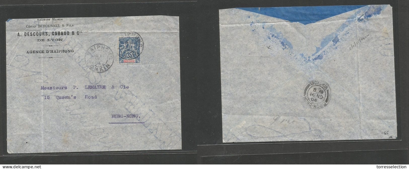 INDOCHINA. 1904 (11 Nov) Haipong - Hong Kong (16 Nov) Single 25c Sage Issue Fkd Comercial Envelope. Better Dest. - Altri - Asia