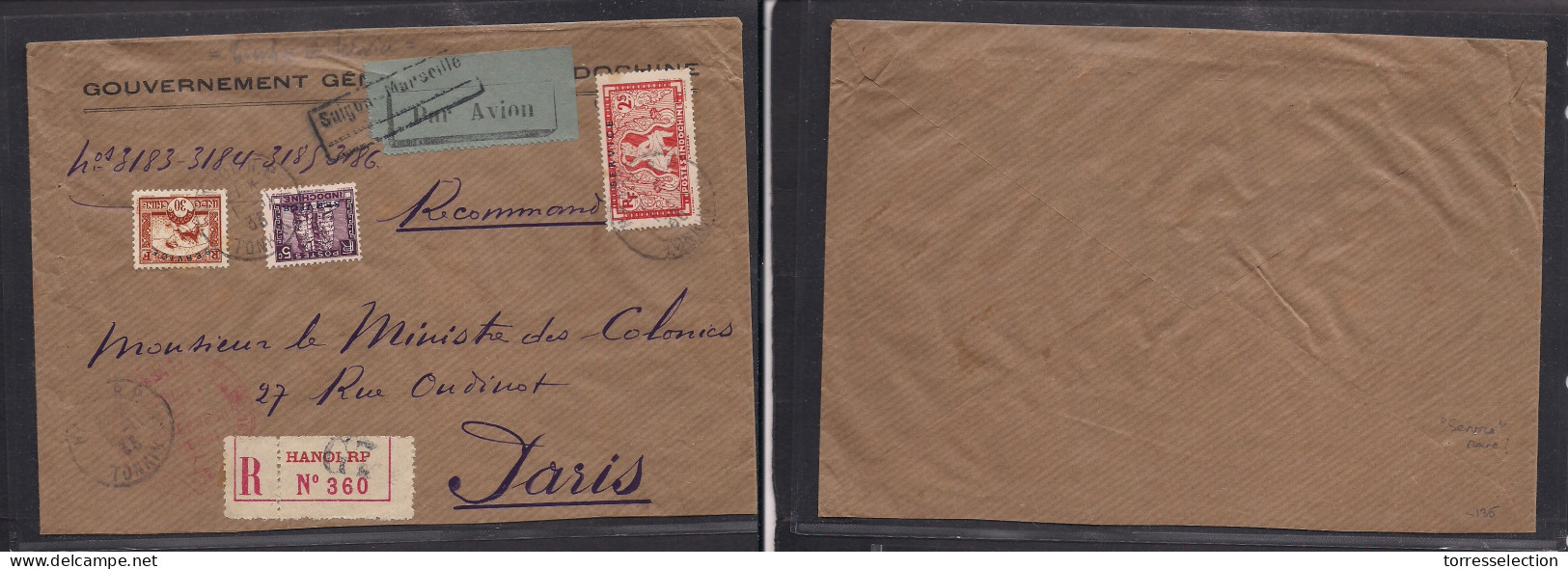 INDOCHINA. 1933 (1 Nov) "SERVICE" Overprinted Stamp. Hanoi - Paris, France. Registered Airmail Government Multifkd Ovptd - Altri - Asia