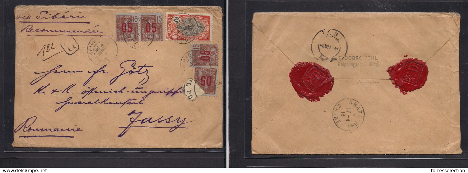 INDOCHINA. 1913 (6 April) Haiphong - Romania, Jassy (5 May) Registered Multifkd Envelope Mixed Issues Incl Early Type. E - Altri - Asia