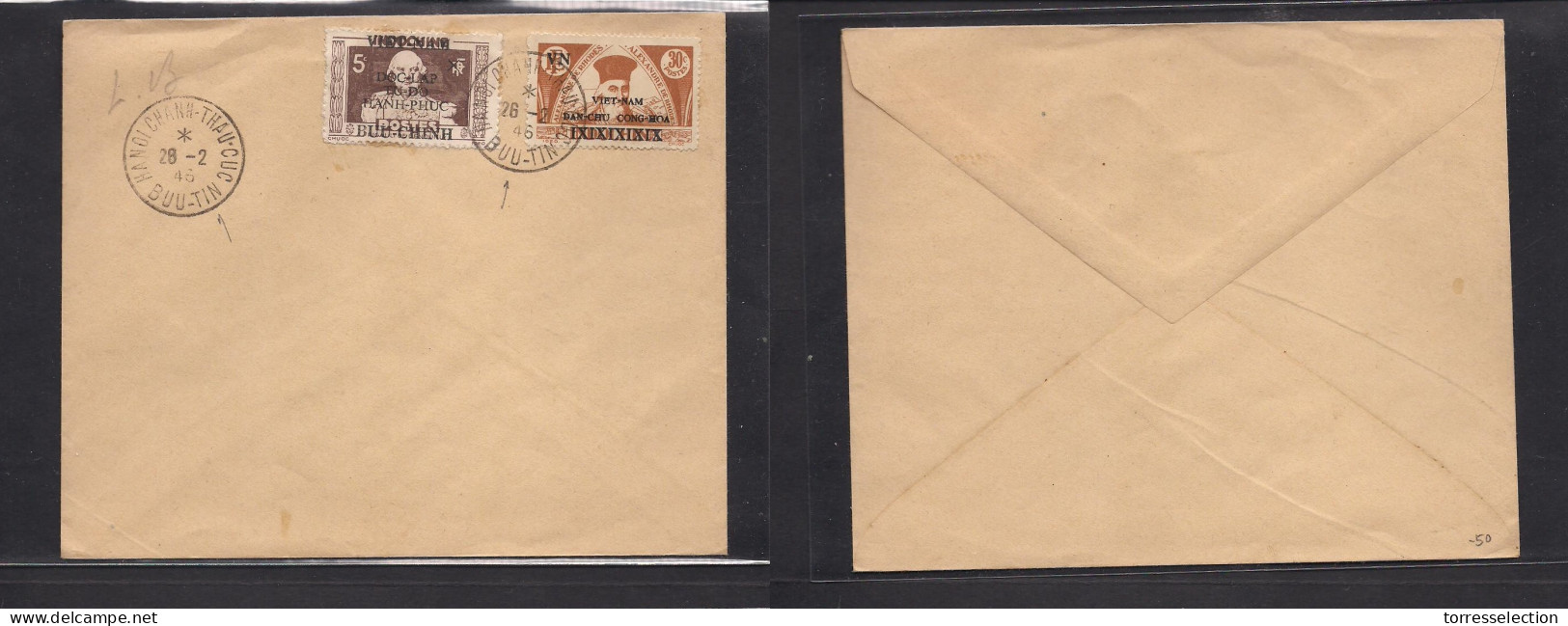 INDOCHINA. 1946 (28 Febr) VIETNAM, Chanh Thau Cua, Buutin. Ovptd French Indochina Stamp. DOC LAP TU DO HANH PHUC BUU CHI - Altri - Asia