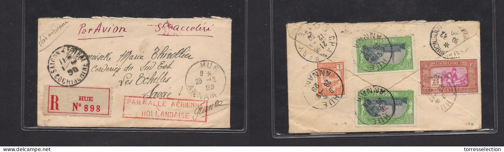INDOCHINA. 1929 (28 Dec) Hue - France, Savoie (12 Jan 30) Reverse Multifkd Registered Envelope "Service Accelere" + Red  - Altri - Asia