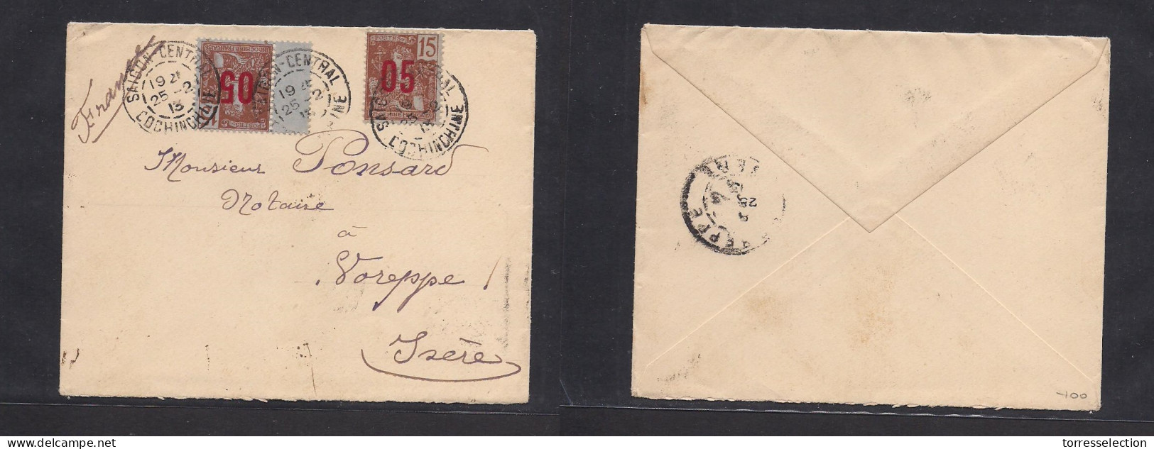 INDOCHINA. 1913 (25 Febr) Saigon France, Isere (25 March) Multifkd Ovptd Issue Env Incl Several Margin, Tied Cds. VF. - Altri - Asia