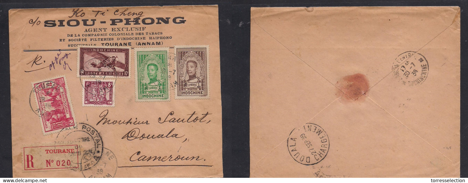 INDOCHINA. 1939 (28 July) Tourane - Cameroun, Douala. French Africa (27 Sept) Via Saigon. Registered Multifkd Env. Bette - Altri - Asia