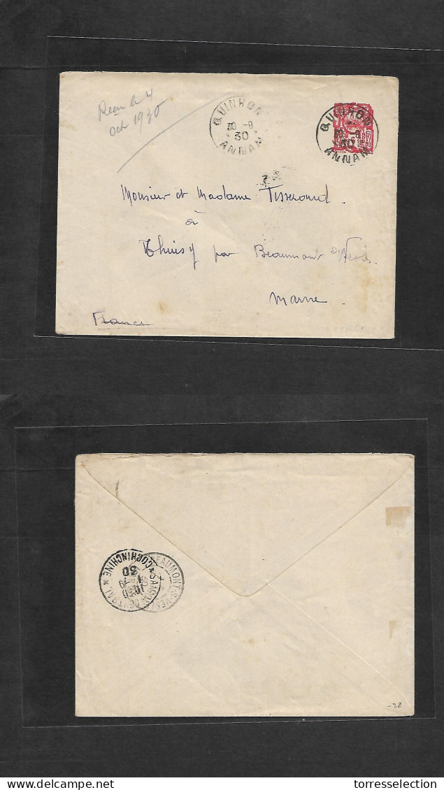 INDOCHINA. 1930 (30 Aug) Annam, Guinhon - France, Marne. 6c Red Stat Env Depart Cds. Reverse Transited + Arrival Cachet. - Altri - Asia