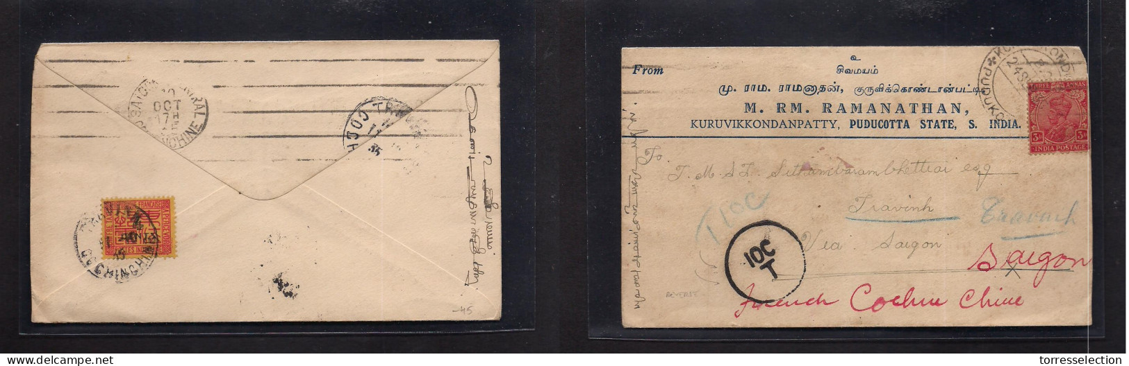 INDOCHINA. 1935 (24 Sept) India - Travinh (11 Nov) Fkd Taxed Comercial Envelope, Arrival Postage Due On Reverse Ovptd 4c - Altri - Asia