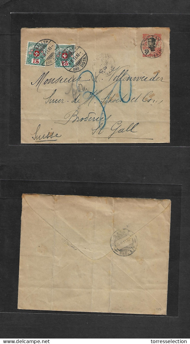 INDOCHINA. 1911 (3 Jan) Honkay - Switzerland, St. Gall (5 Feb) 10c Biaster Stat Env, Taxed (x2) Swiss Postage Dues Tied  - Altri - Asia
