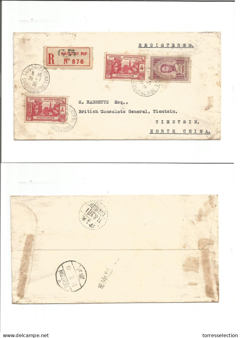 INDOCHINA. 1938 (26 July) Saigon - North China, Trentsin (11 Ago) Registered Multifkd Env. Aux Chinese Cachet + Arrival  - Altri - Asia