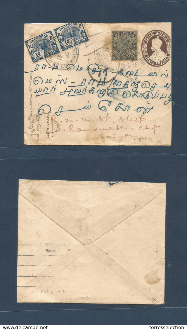 INDOCHINA. 1955 (8-15 Jan) India, Trichino - Saigon. 1 Anna + Adtl Stat Envelope + Taxed + Arrival (x2) 10c Blue Postage - Altri - Asia