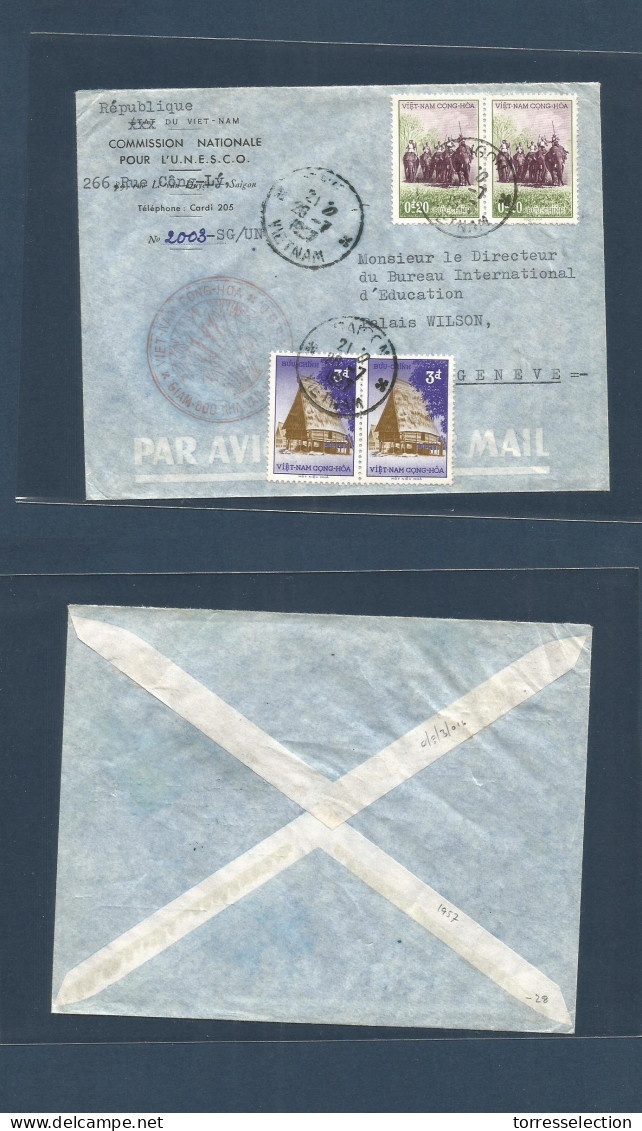 INDOCHINA. 1957 (26 July) Saigon - Switzerland, Geneve. UNESCO Agency, Special Cachet Multifkd Envelope. Fine Usage. - Altri - Asia